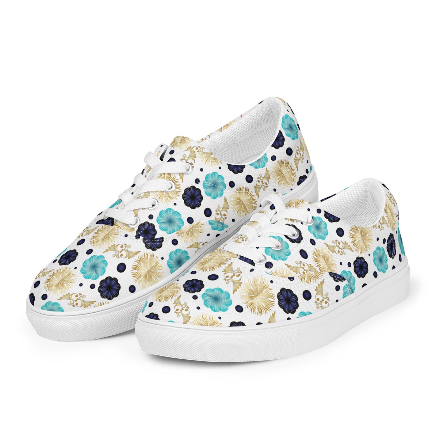 Women’s lace-up canvas shoes Kukloso Abstractical No 222 Aqua/Navy/Gold Mini-Mandalas on White - Free Shipping