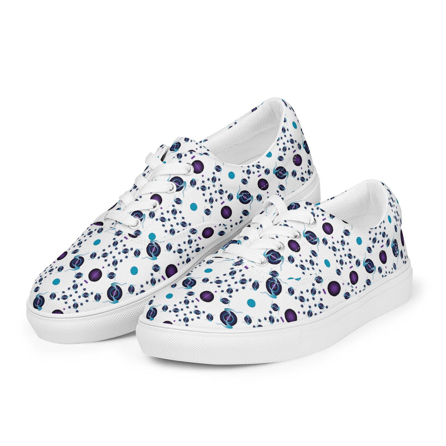 Women’s lace-up canvas shoes Kukloso Abstractical No 225 Aqua/Navy Mini-Mandalas on White - Free Shipping