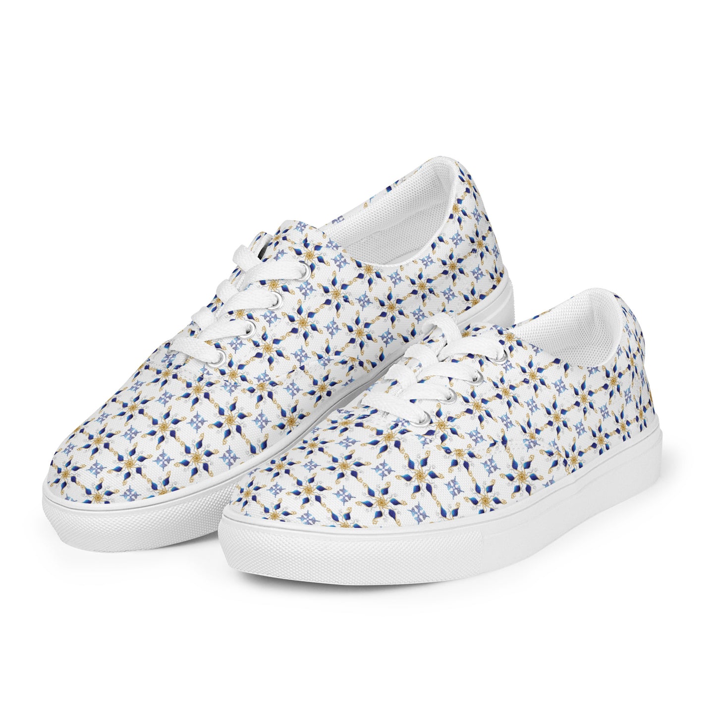 Women’s lace-up canvas shoes Kukloso AG No 7 Navy/Gold Mini-Mandalas on White - Free Shipping