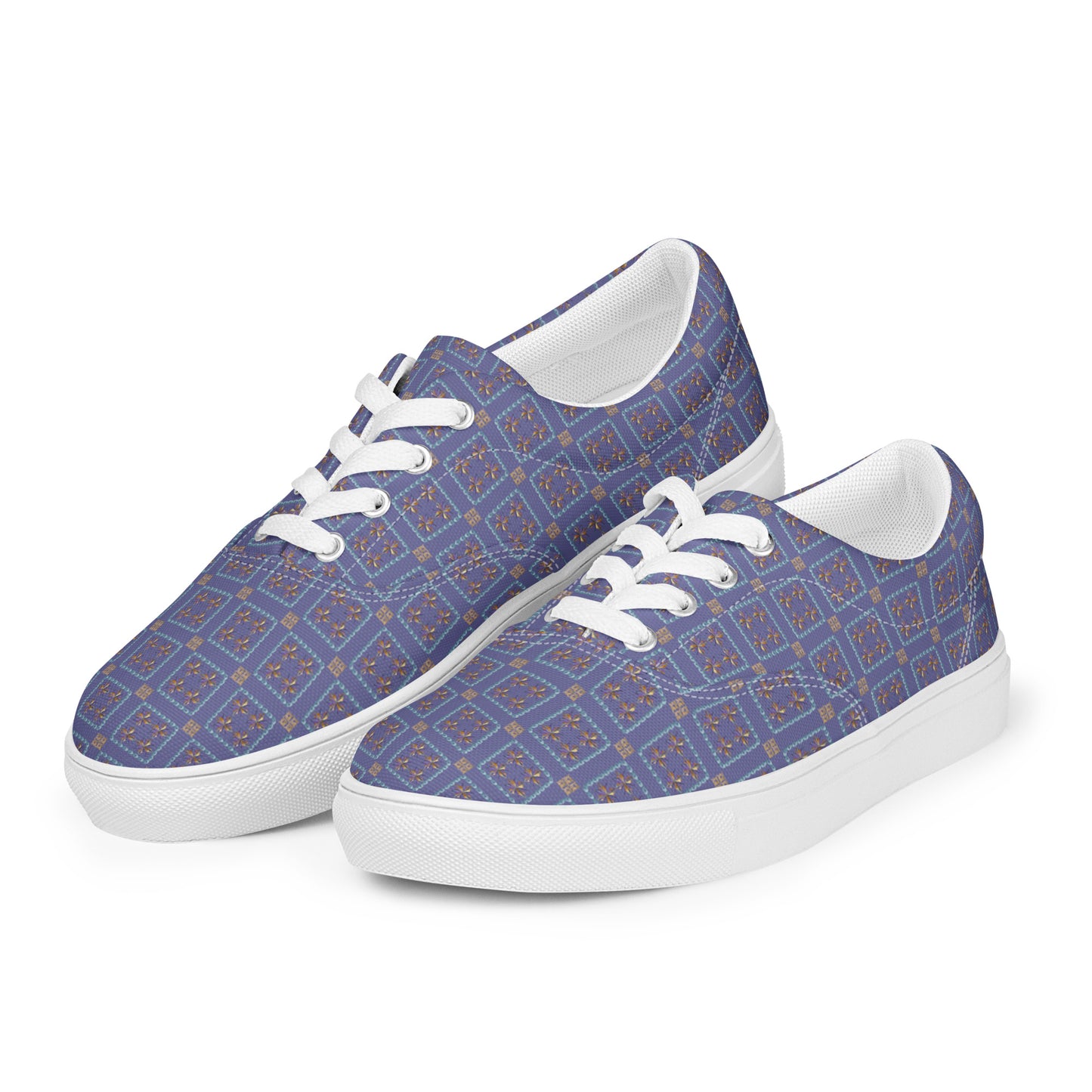 Women’s lace-up canvas shoes Kukloso AG No 20 Aqua/Gold Squares on Blue - Free Shipping