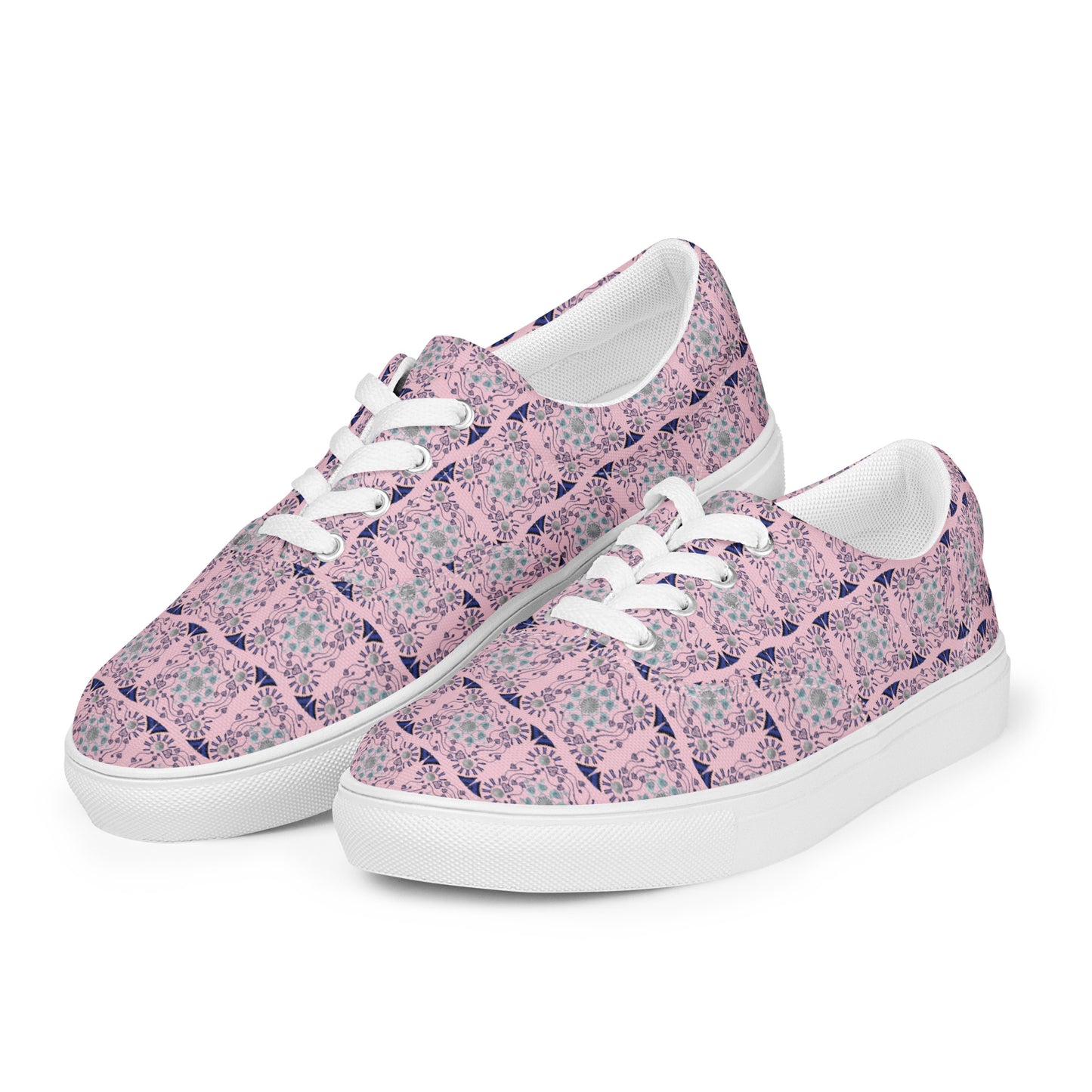 Women’s lace-up canvas shoes Kukloso AG No 23 Aqua/Navy Mini-Mandalas on Pink - Free Shipping