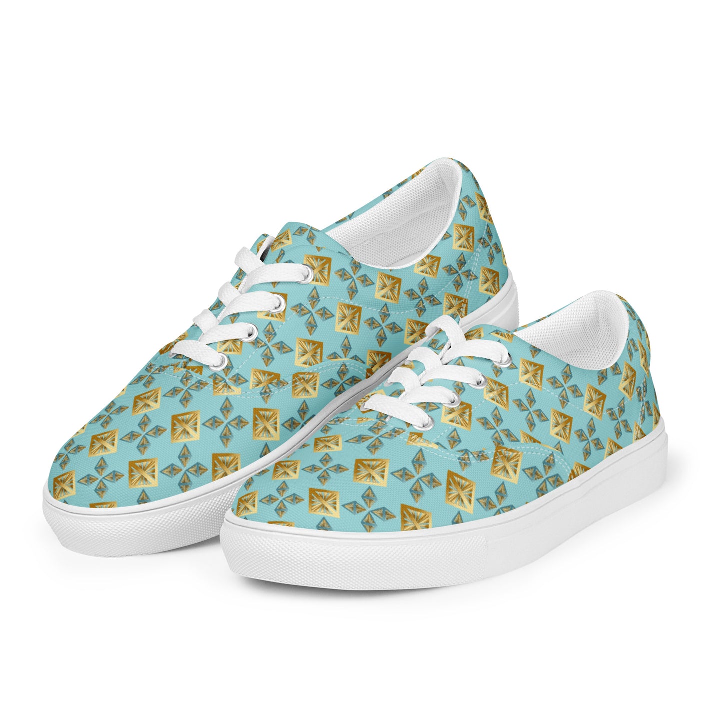 Women’s lace-up canvas shoes Kukloso AG No 27 Gold Shapes on Aqua - Free Shipping