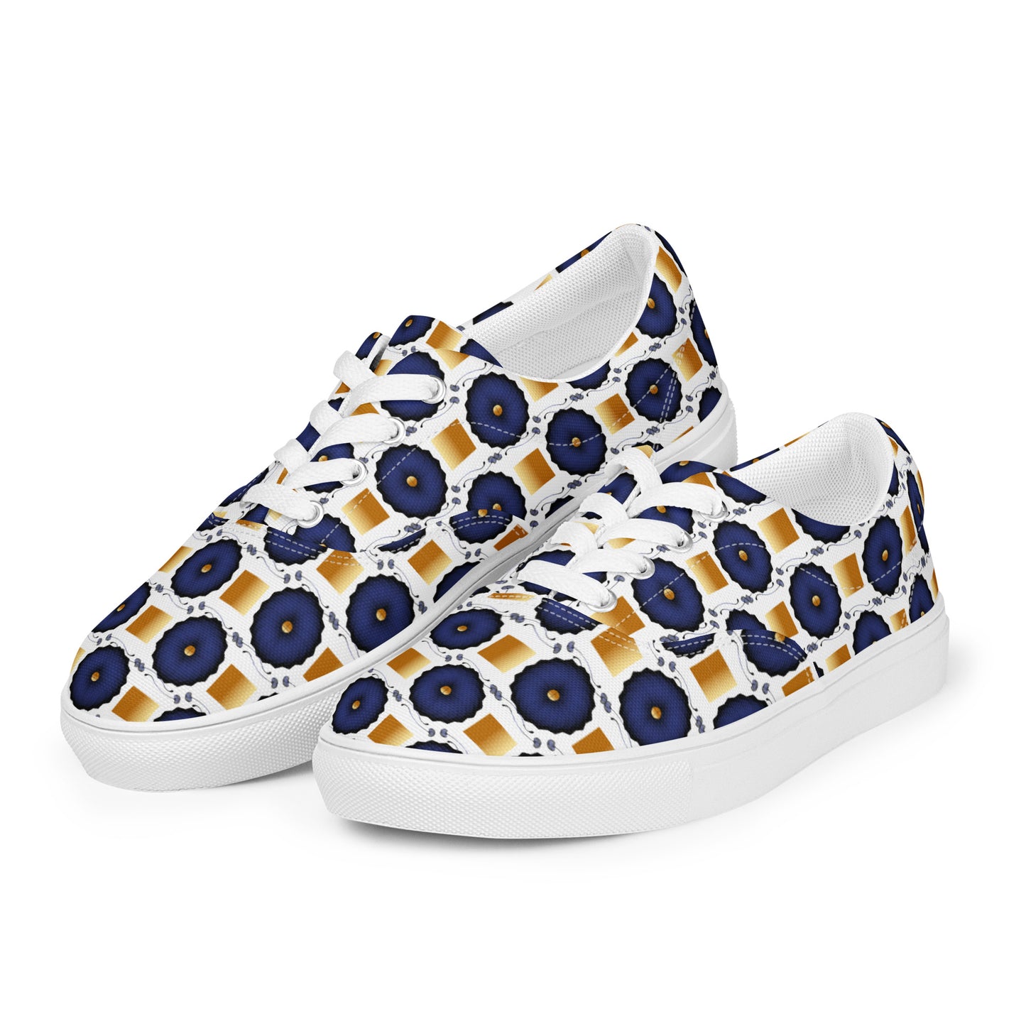 Women’s lace-up canvas shoes Kukloso AG No 29 Navy Mandalas, Gold Squares on White - Free Shipping