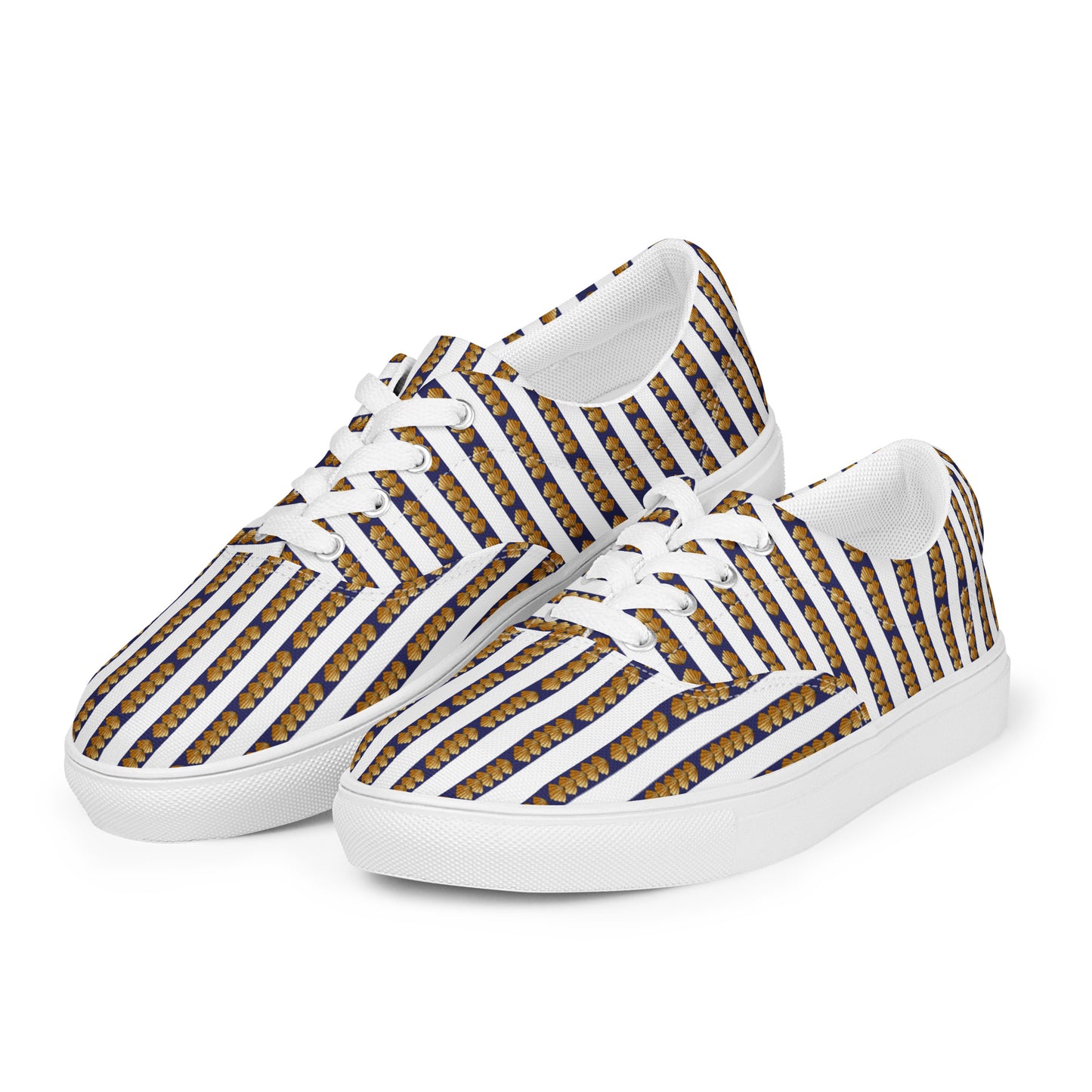 Women’s lace-up canvas shoes Kukloso FS No 6 - Gold Shapes on Navy Stripes on White - Free Shipping