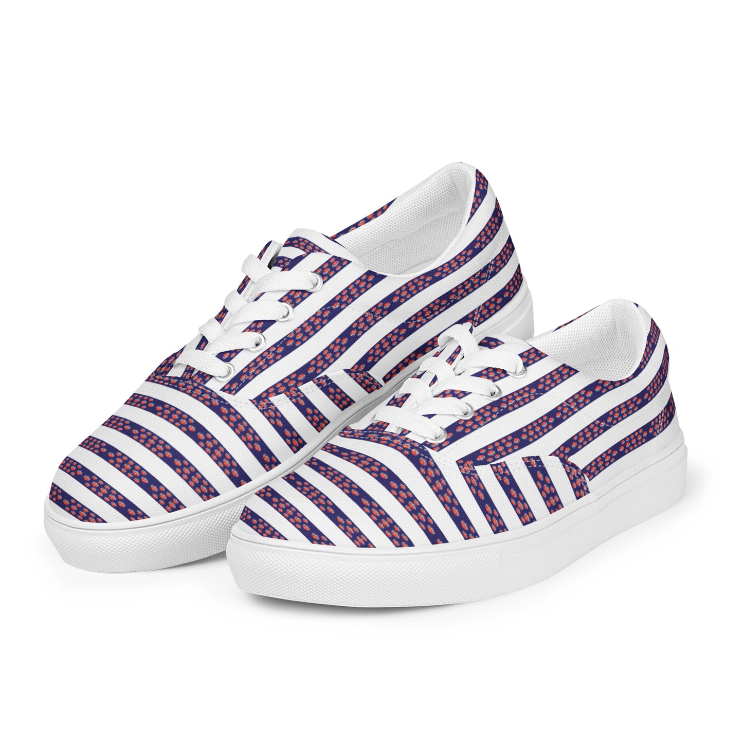 Women’s lace-up canvas shoes Kukloso FS No 12 Red Orbs on Blue Stripes on White - Free Shipping