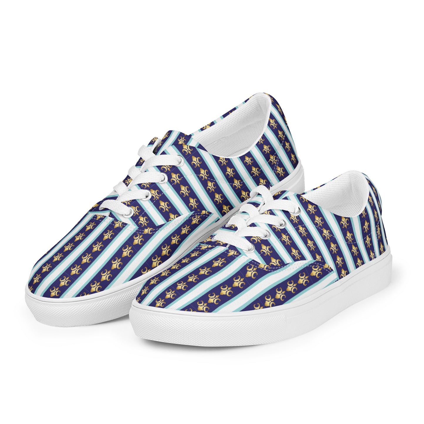 Women’s lace-up canvas shoes Kukloso FS No 58 Gold Fleur de lys - Navy Stripes on White - Free Shipping