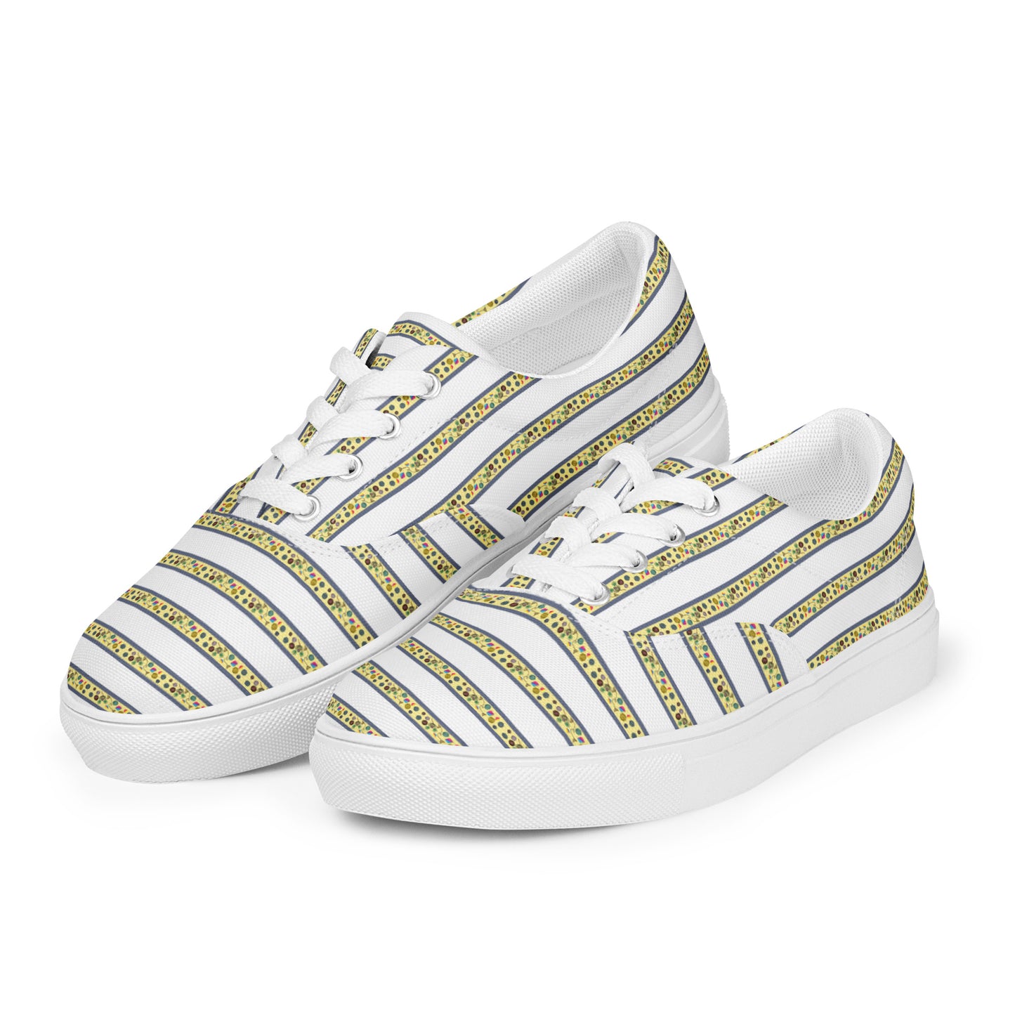 Women’s lace-up canvas shoes Kukloso FS No 104 Yellow Stripes on White - Free Shipping