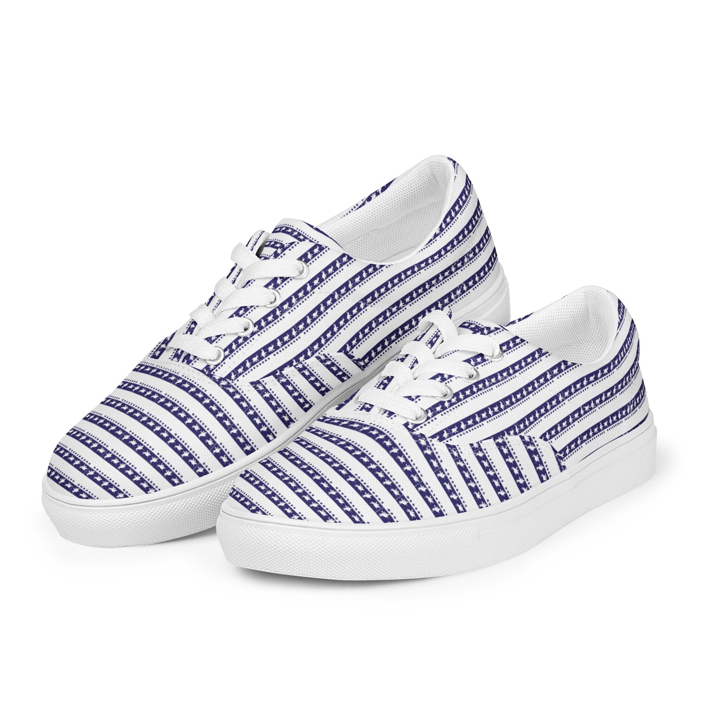 Women’s lace-up canvas shoes Kukloso Happy Ganesh (elephant ) Blue Stripes on White - Free Shipping