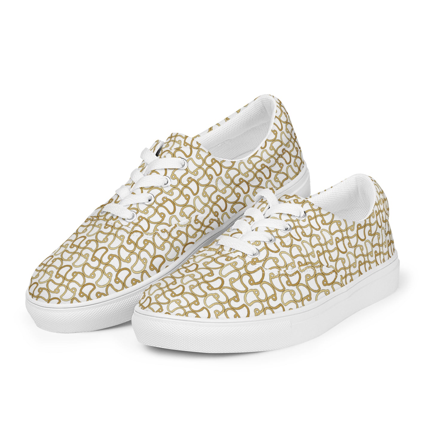 Women’s lace-up canvas shoes Kukloso Fleurons No 16 Gold Shapes on White - Free Shipping