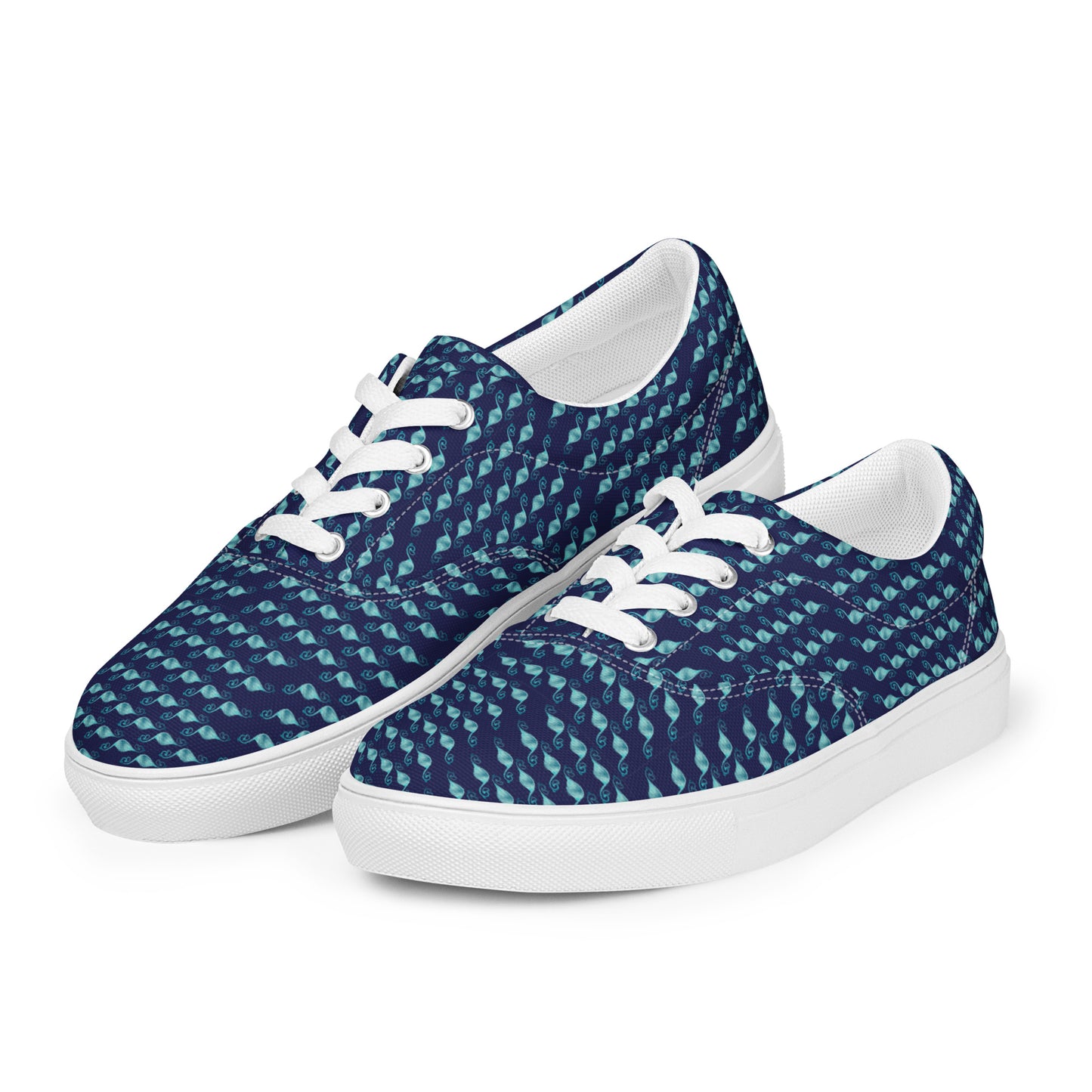 Women’s lace-up canvas shoes Kukloso Fleurons No 30 Aqua shapes on Navy - Free Shipping