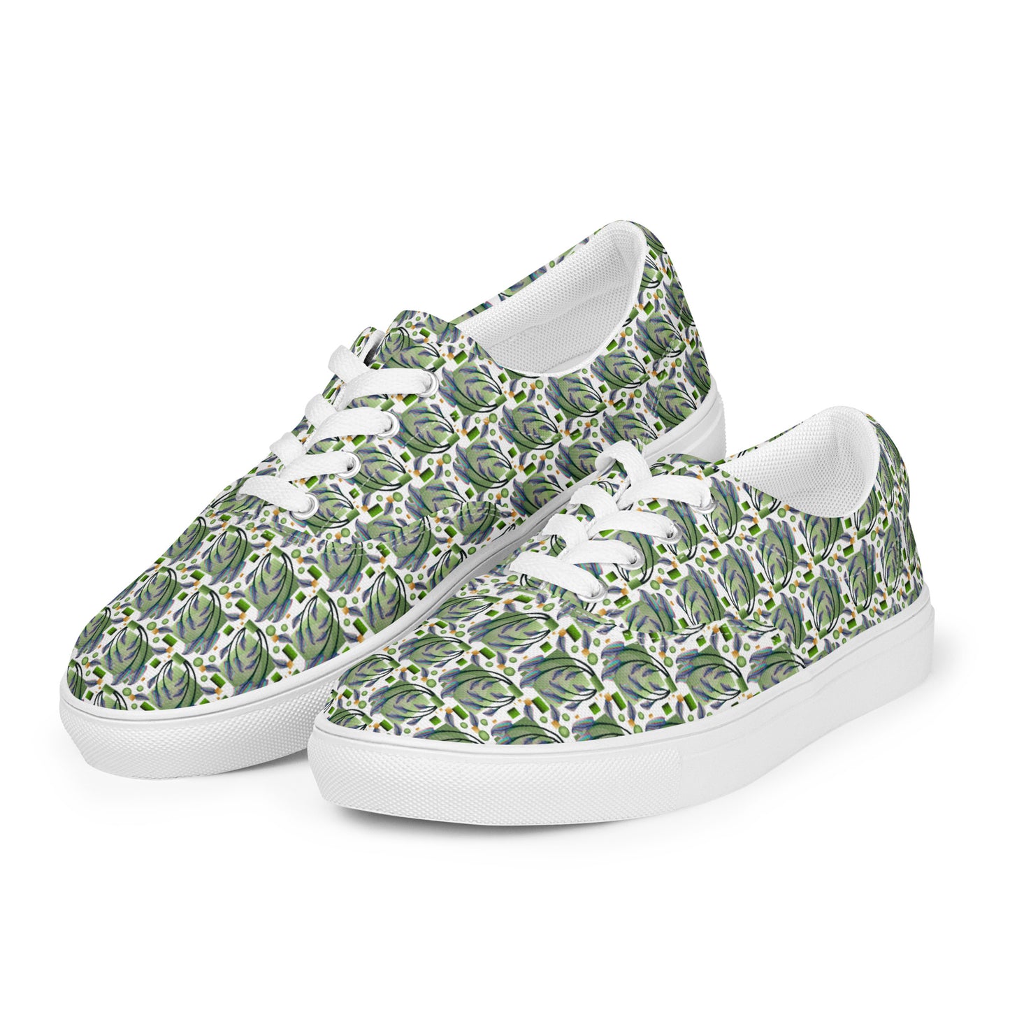 Women’s lace-up canvas shoes Kukloso Melange de fleur No 46 Green on White - Free Shipping