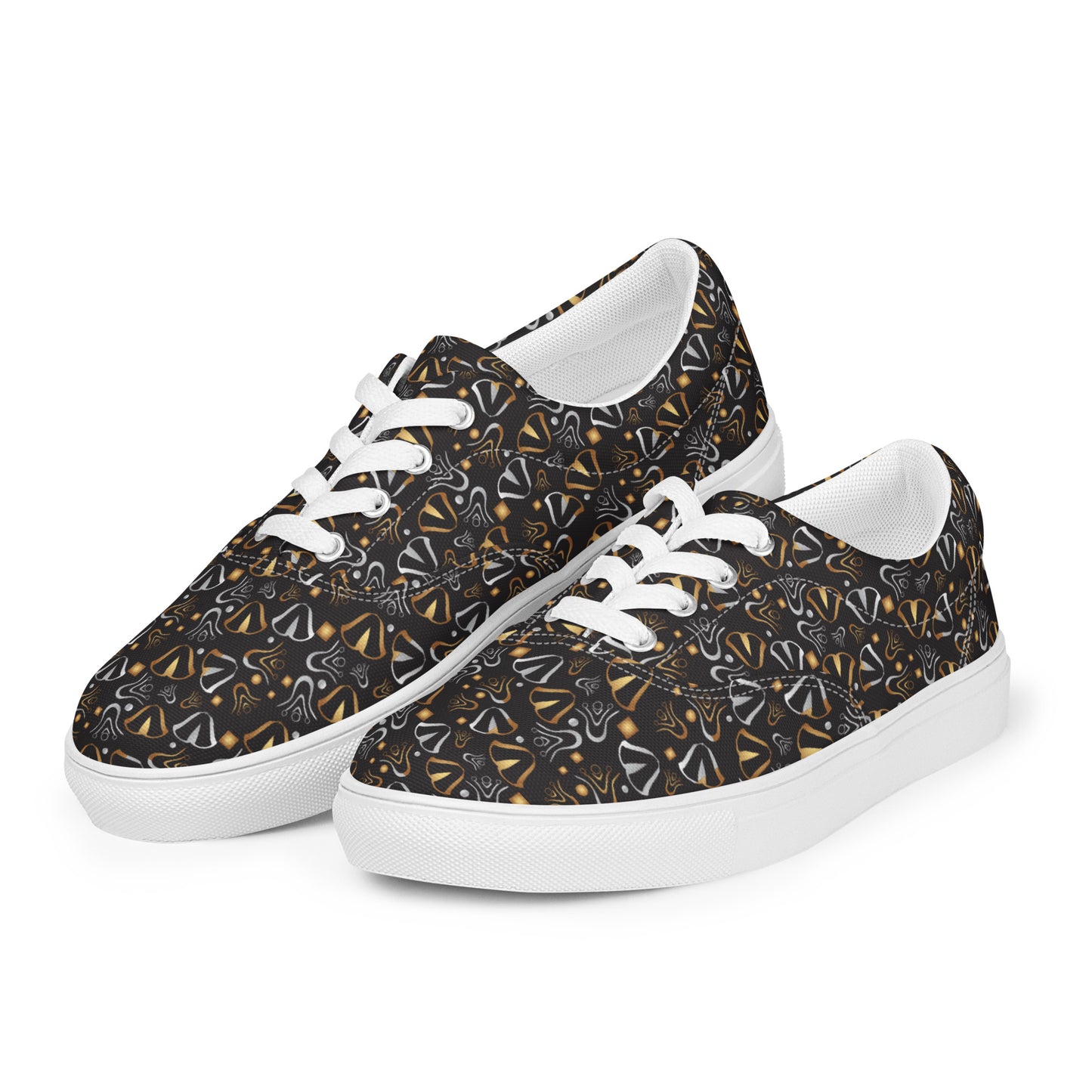 Women’s lace-up canvas shoes Kukloso Whimsical No 115 Silver/Gold on Black - Free Shipping