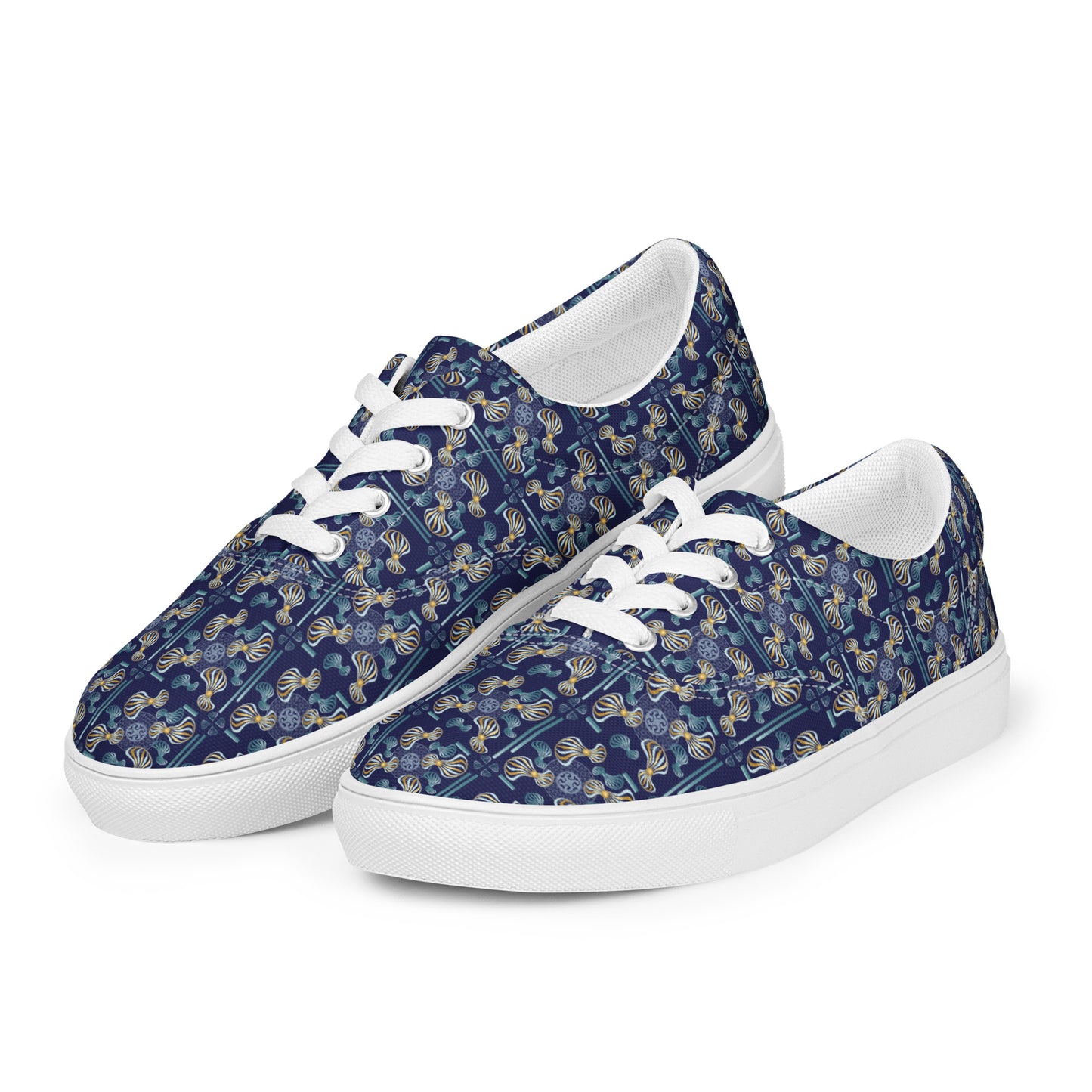 Women’s lace-up canvas shoes Kukloso Whimsical No 97 Aqua/Gold Spirials on Navy - Free Shipping