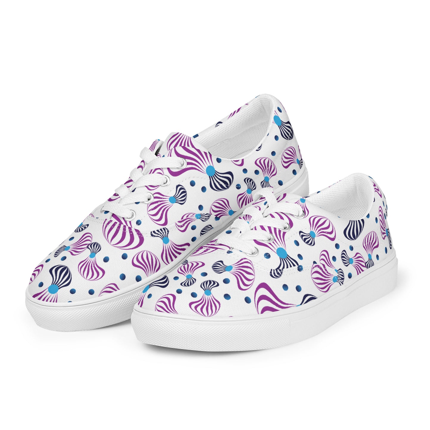 Women’s lace-up canvas shoes Kukloso Whimsical No 95 Purple/Aqua/Navy Spirials on White - Free Shipping