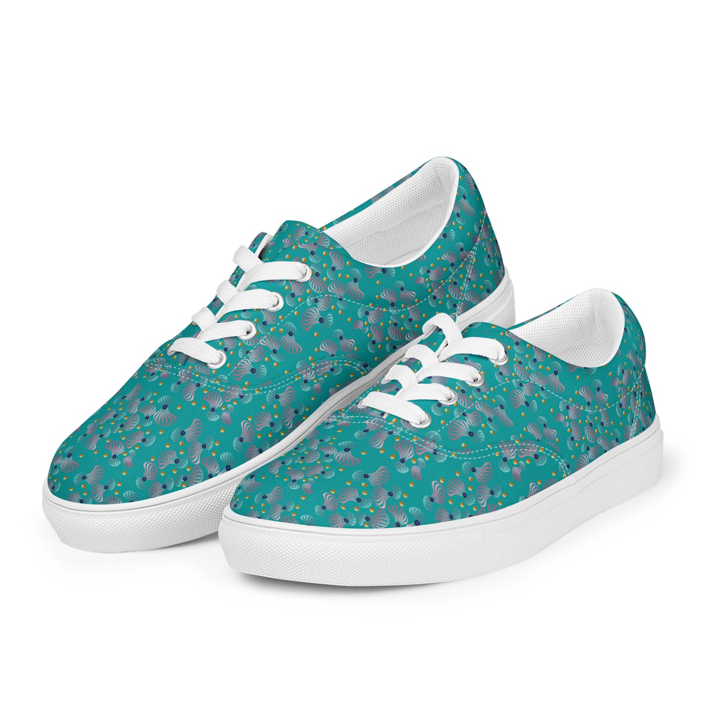 Women’s lace-up canvas shoes Kukloso Whimsical No 83 Pink/Aqua/Navy Spirials on Turquoise - Free Shipping