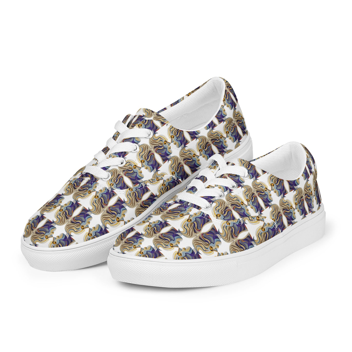 Women’s lace-up canvas shoes Kukloso Cubist Faces No 1 Small Pattern on White- Free Shipping