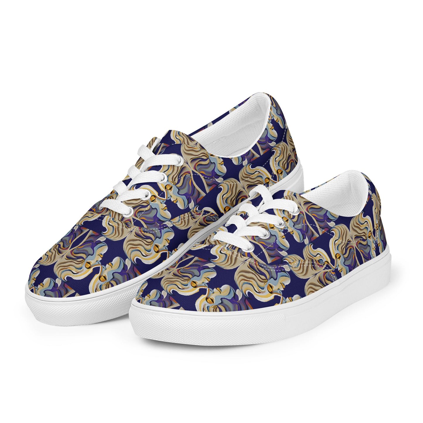 Women’s lace-up canvas shoes Kukloso Cubist Faces No 1 Large Pattern on Navy- Free Shipping