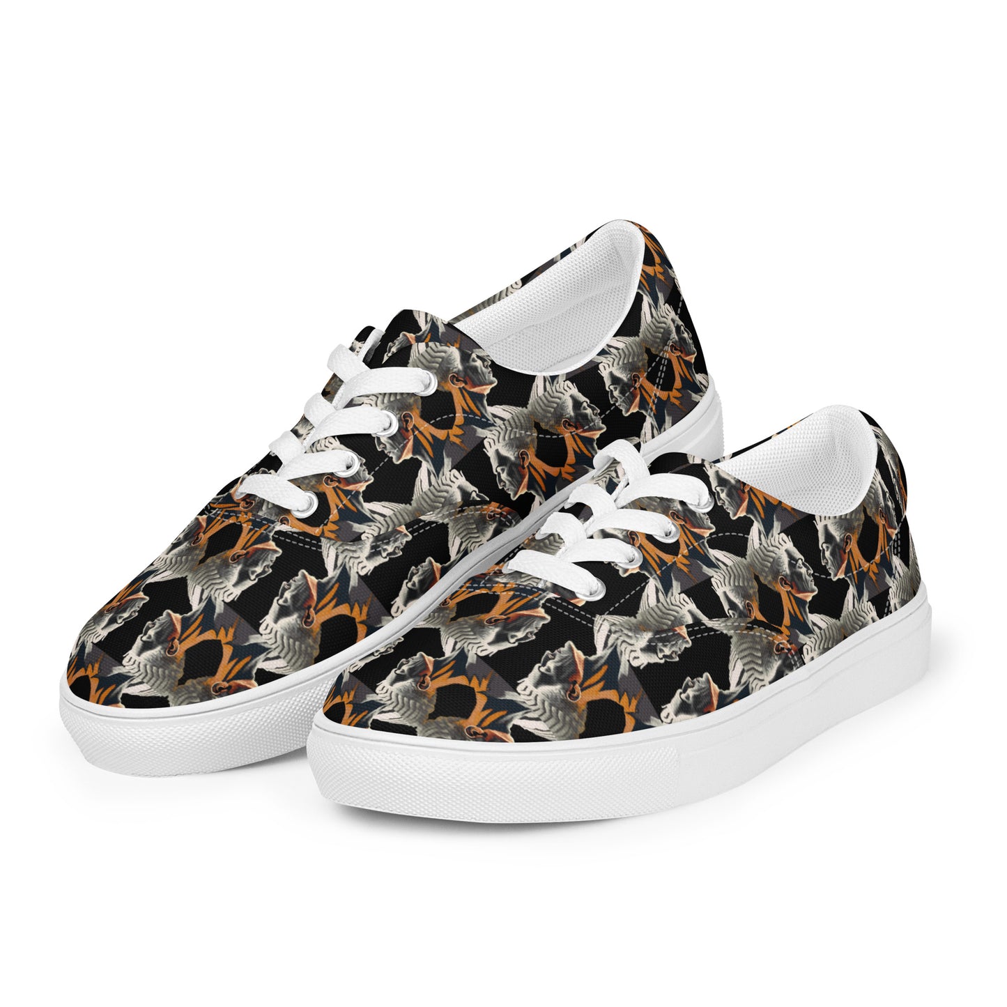 Women’s lace-up canvas shoes Kukloso Cubist Faces No 2 Large Pattern on Black - Free Shipping