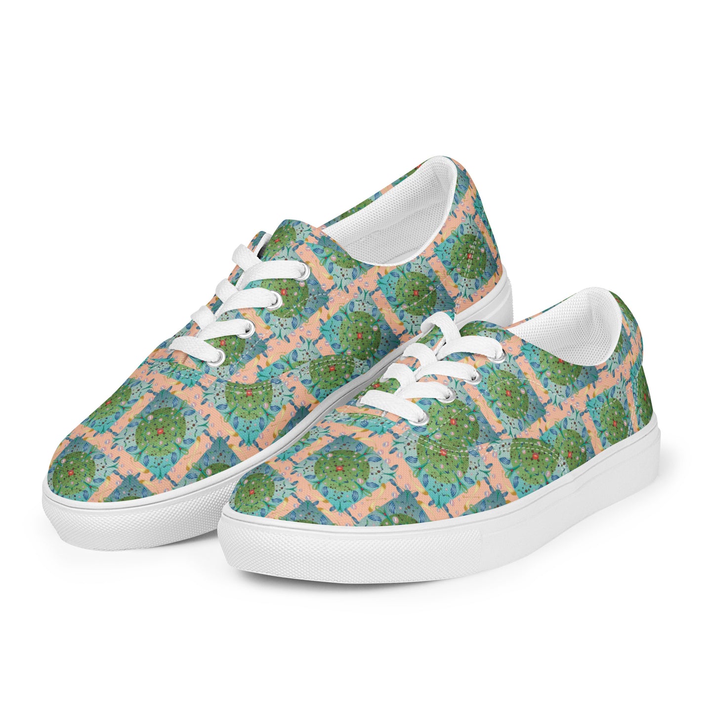 Women’s lace-up canvas shoes Kukloso Whimsical No 16 Green/Aqua on Peach - Free Shipping