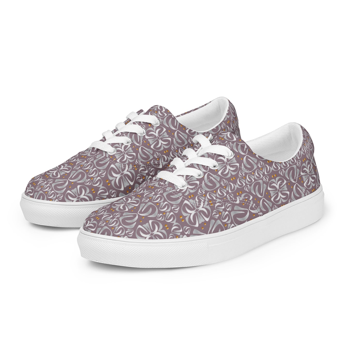 Women’s lace-up canvas shoes Kukloso Fleurons No 32 Gold, Silver on Mauve - Free Shipping