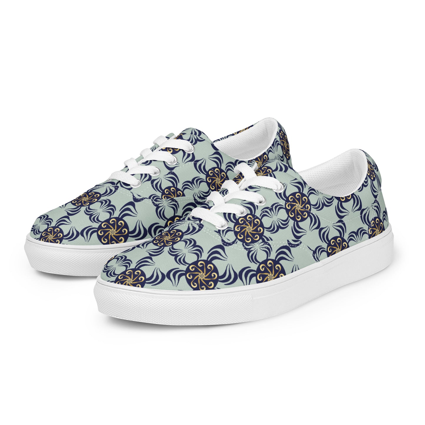 Women’s lace-up canvas shoes Kukloso Abstractical No 42 Navy/Gold Mandala Shapes on Pale Aqua - Free Shipping