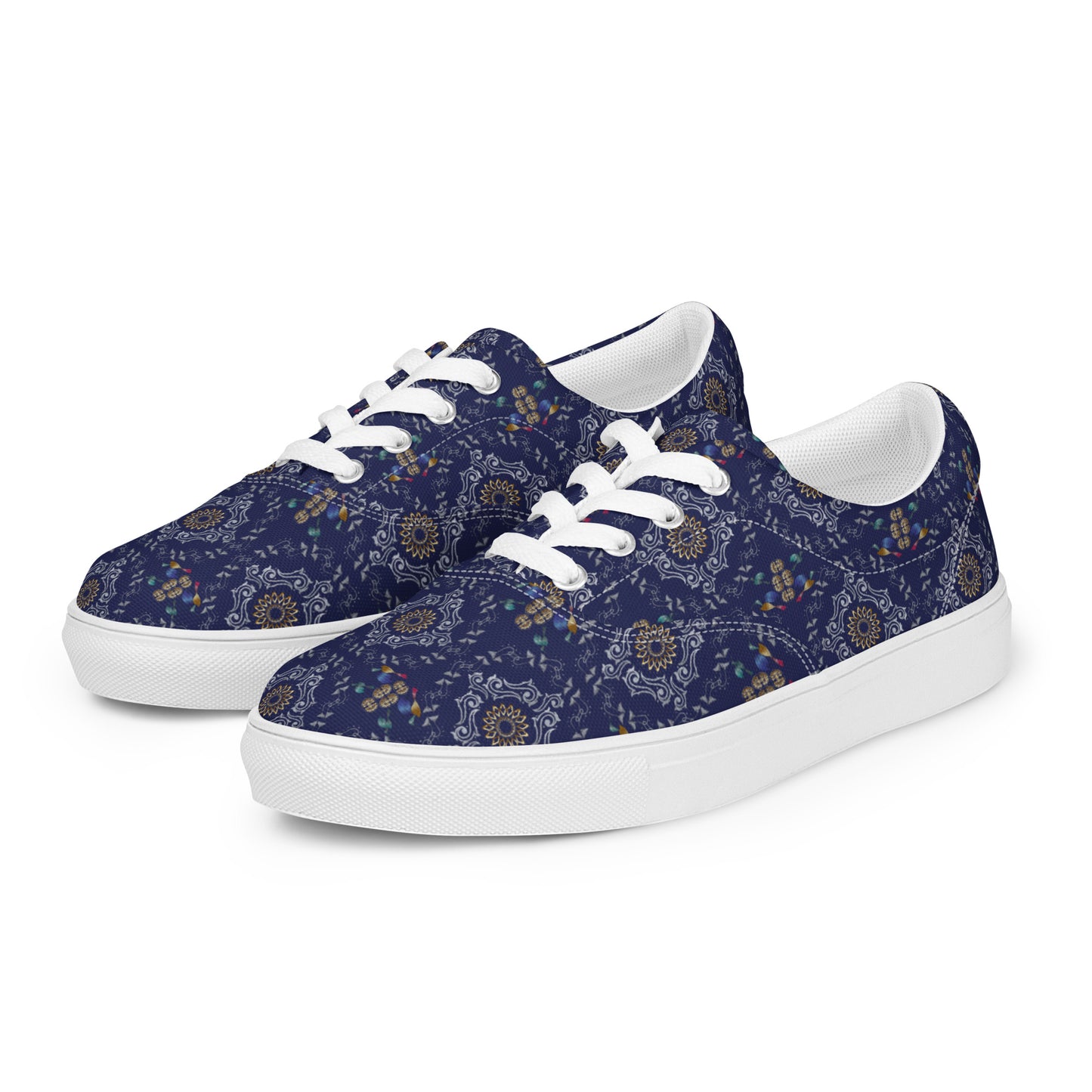 Women’s lace-up canvas shoes Kukloso Abstractical No 46 Silver/Gold Mandala Shapes on Navy - Free Shipping