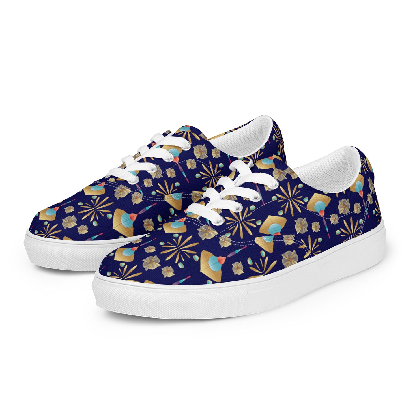 Women’s lace-up canvas shoes Kukloso Abstractical No 55 Gold Shapes on Navy - Free Shipping