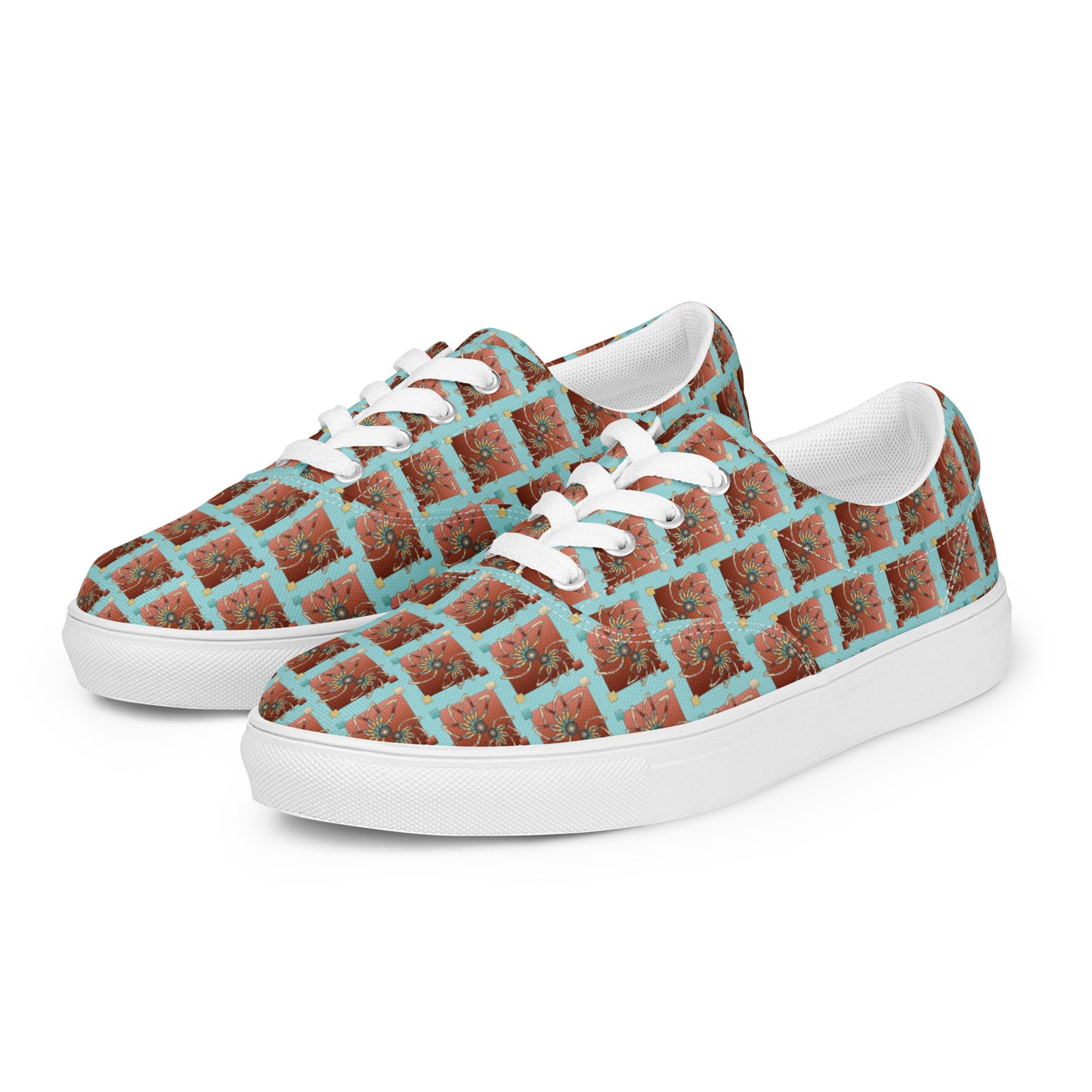 Women’s lace-up canvas shoes Kukloso Abstractical No 61 Copper Mandala Squares on Aqua - Free Shipping