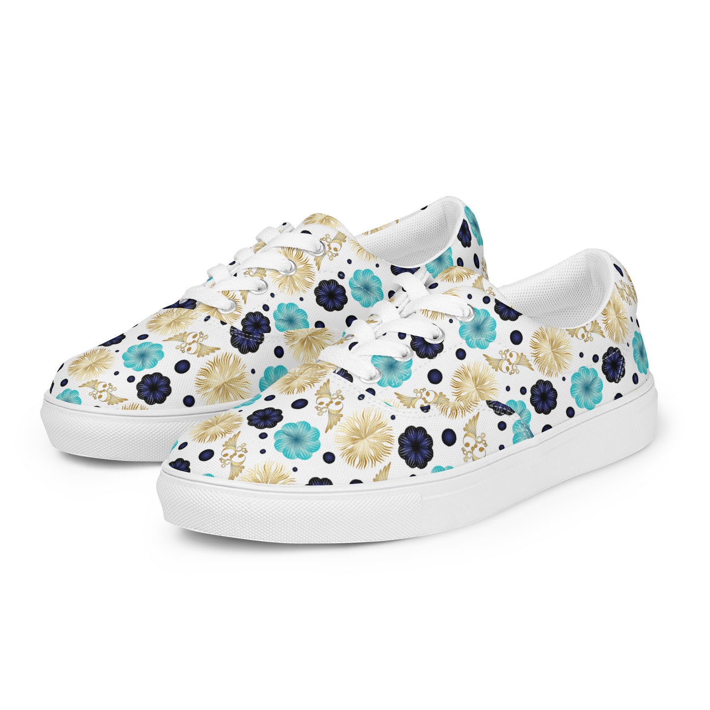 Women’s lace-up canvas shoes Kukloso Abstractical No 222 Aqua/Navy/Gold Mini-Mandalas on White - Free Shipping