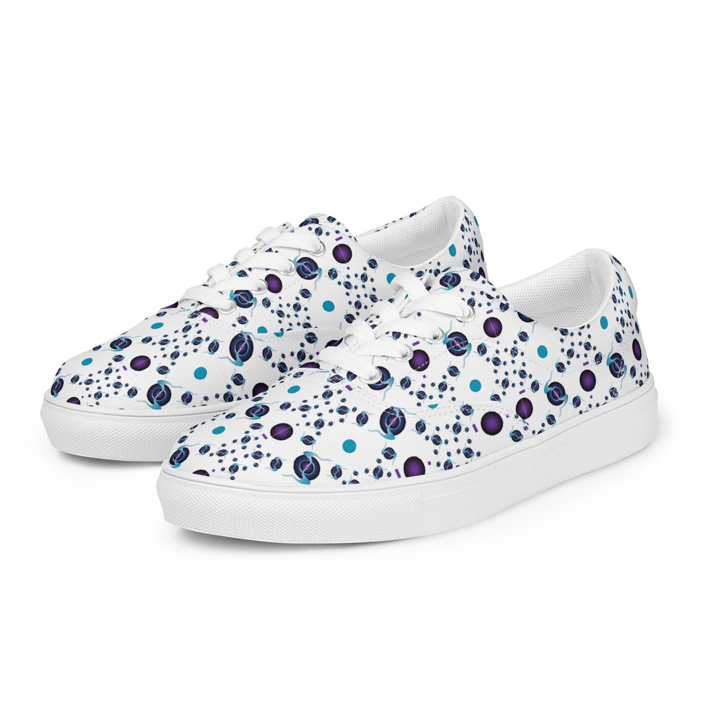 Women’s lace-up canvas shoes Kukloso Abstractical No 225 Aqua/Navy Mini-Mandalas on White - Free Shipping