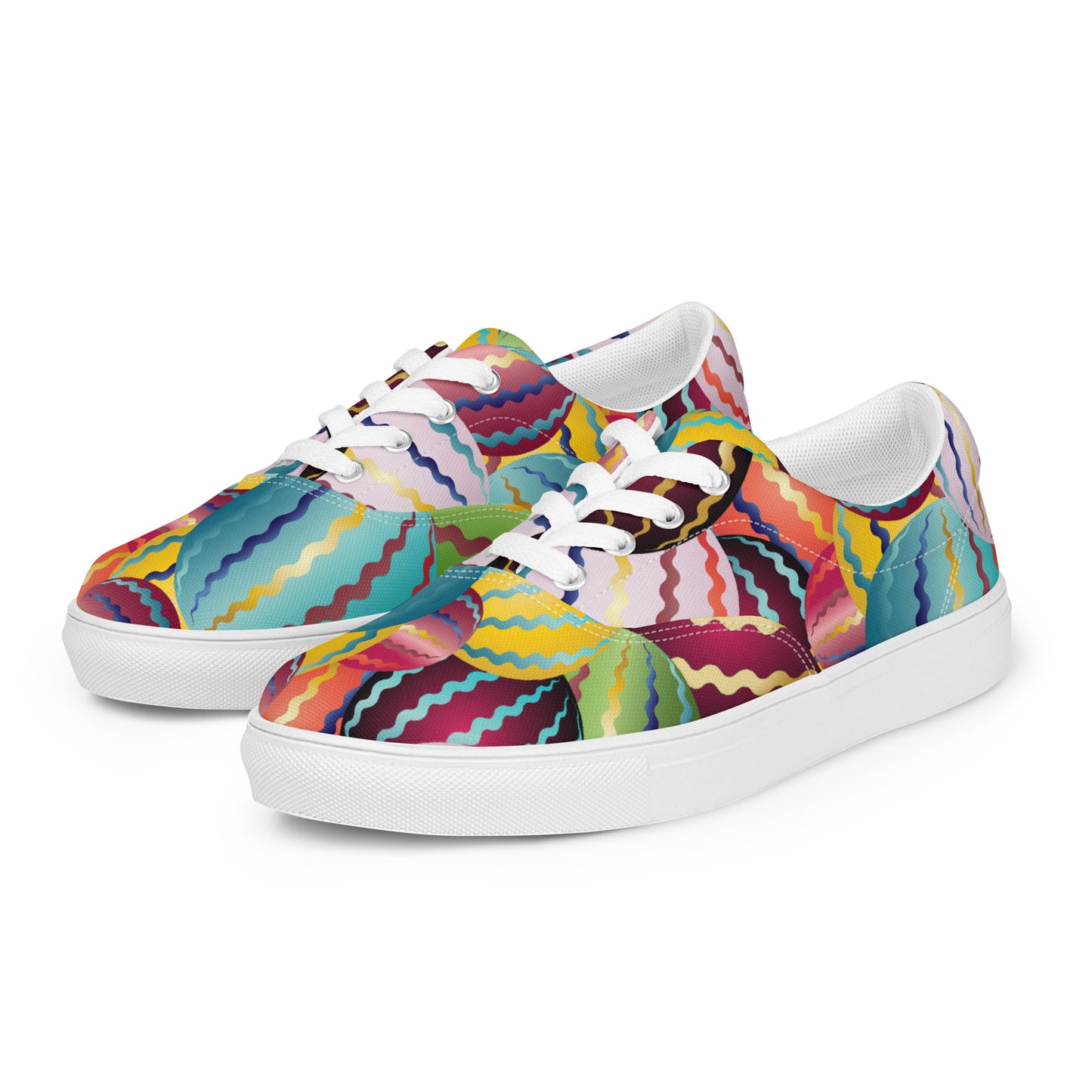 Women’s lace-up canvas shoes Kukloso Abstractical No 264 Maroon, Yellow, Aqua Multicolored Orbs- Free Shipping