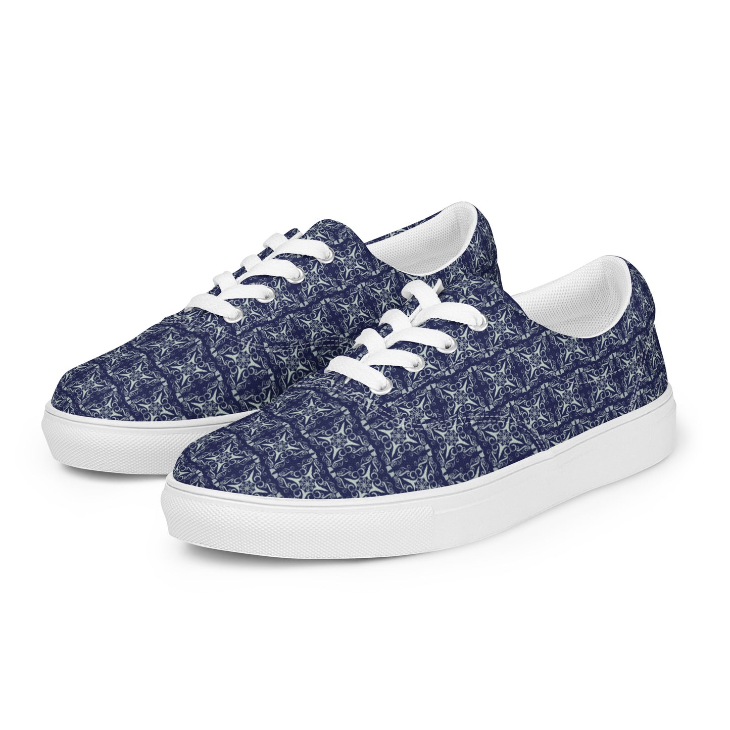 Women’s lace-up canvas shoes Kukloso AG No 10 Silver Mini-Mandalas on Navy - Free Shipping