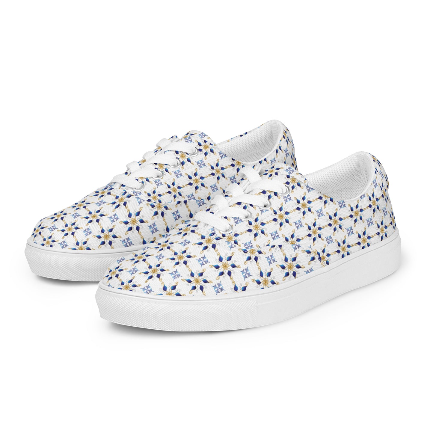 Women’s lace-up canvas shoes Kukloso AG No 7 Navy/Gold Mini-Mandalas on White - Free Shipping