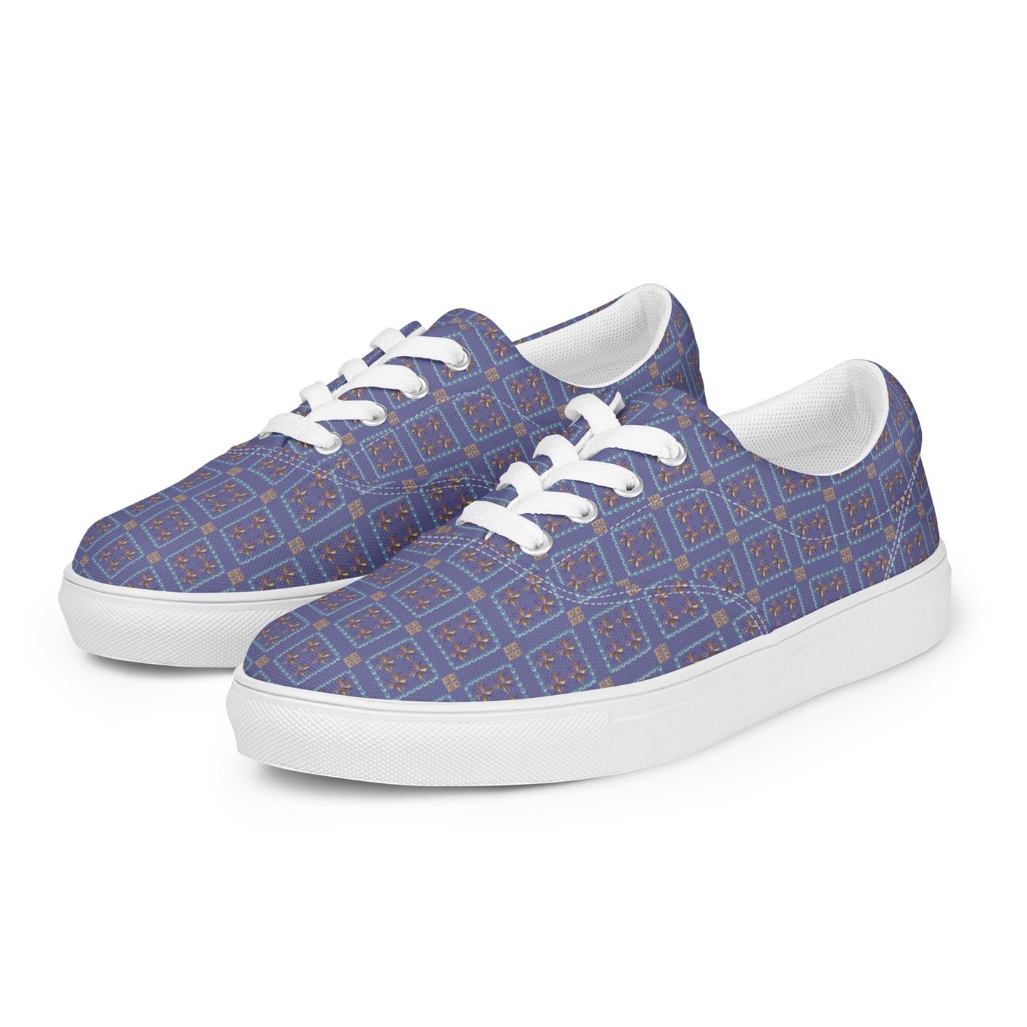 Women’s lace-up canvas shoes Kukloso AG No 20 Aqua/Gold Squares on Blue - Free Shipping