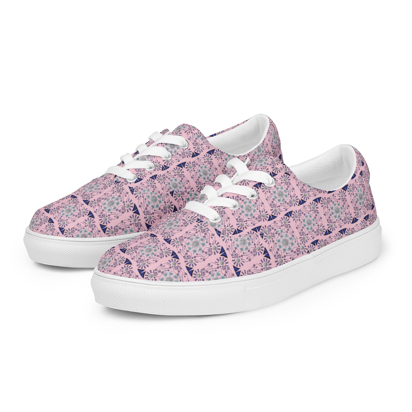 Women’s lace-up canvas shoes Kukloso AG No 23 Aqua/Navy Mini-Mandalas on Pink - Free Shipping