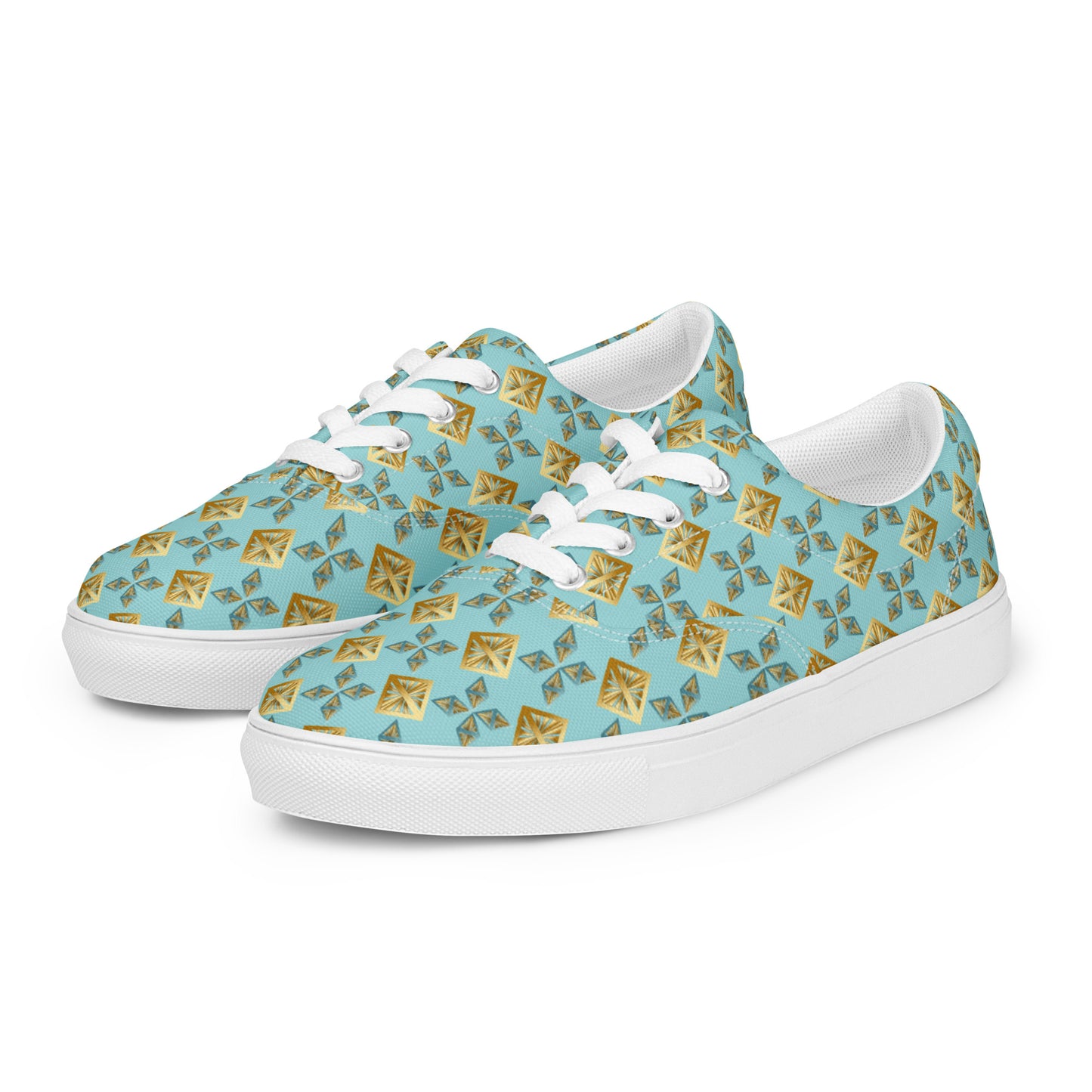 Women’s lace-up canvas shoes Kukloso AG No 27 Gold Shapes on Aqua - Free Shipping