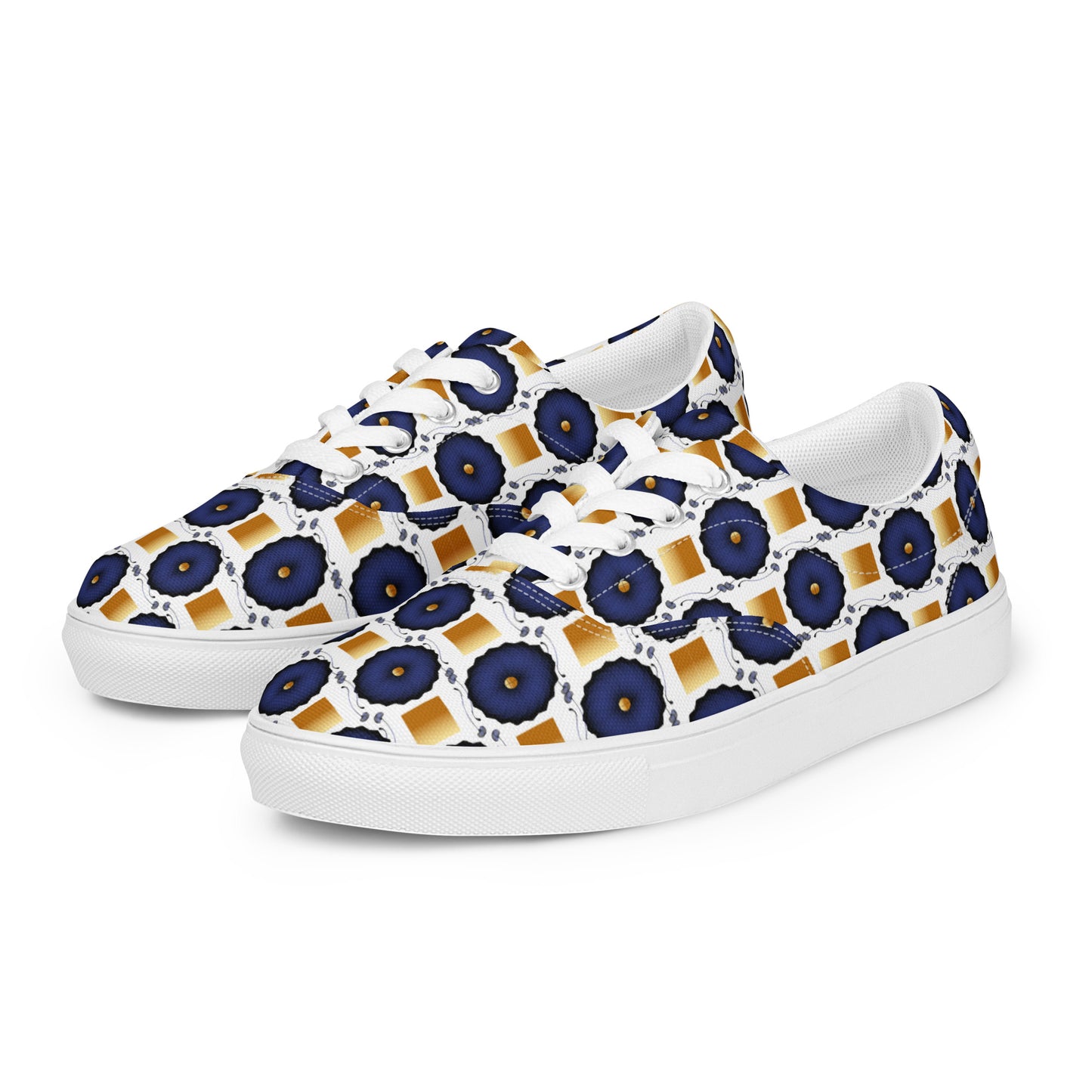 Women’s lace-up canvas shoes Kukloso AG No 29 Navy Mandalas, Gold Squares on White - Free Shipping