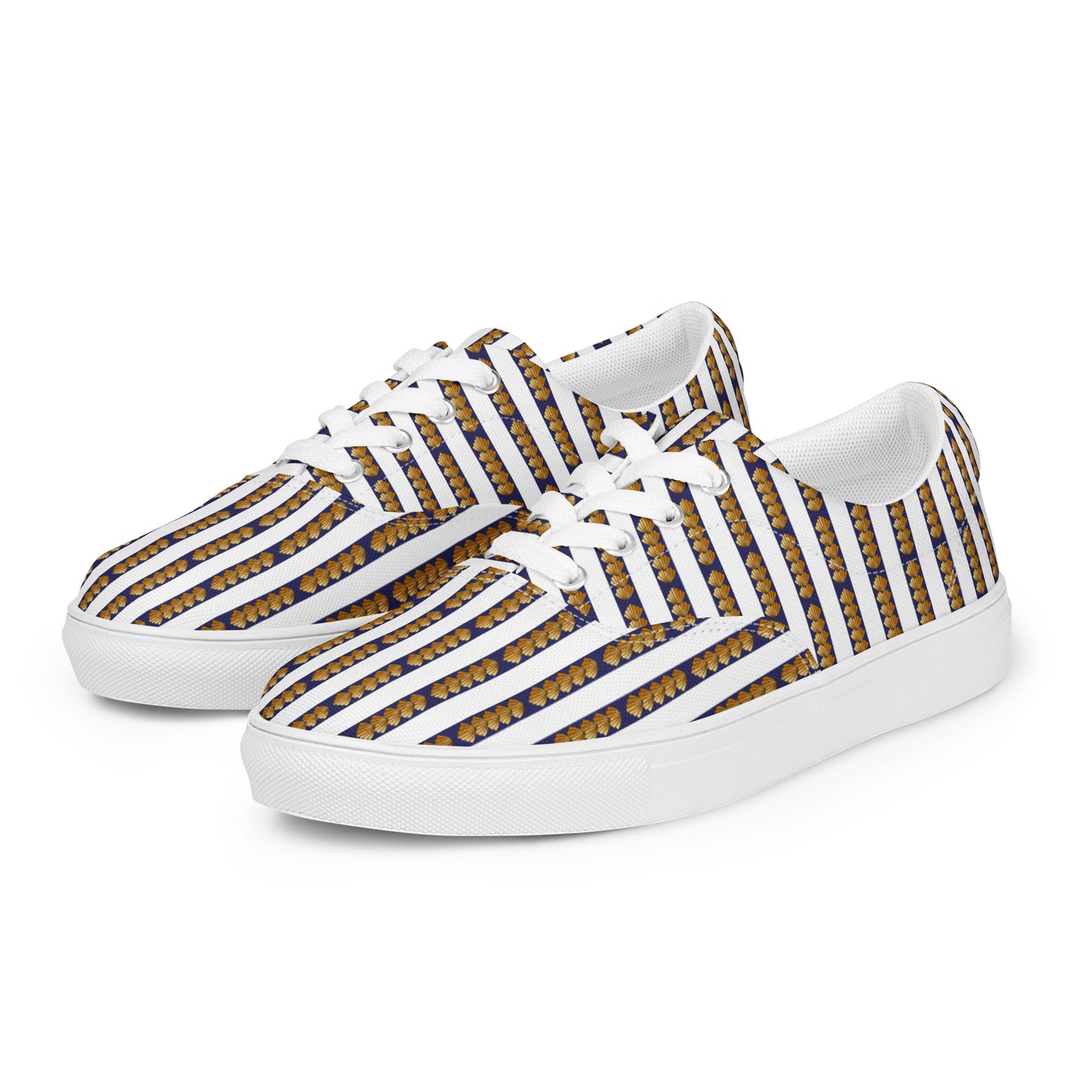 Women’s lace-up canvas shoes Kukloso FS No 6 - Gold Shapes on Navy Stripes on White - Free Shipping