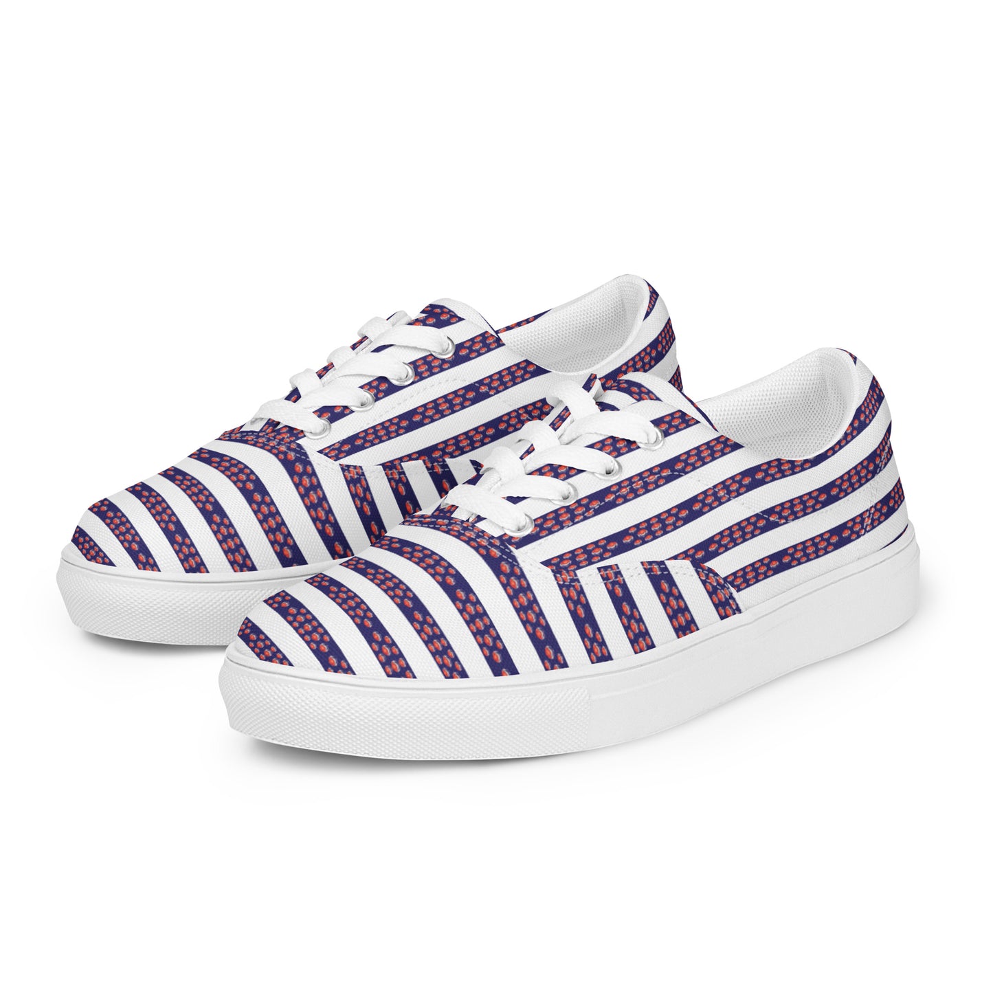 Women’s lace-up canvas shoes Kukloso FS No 12 Red Orbs on Blue Stripes on White - Free Shipping