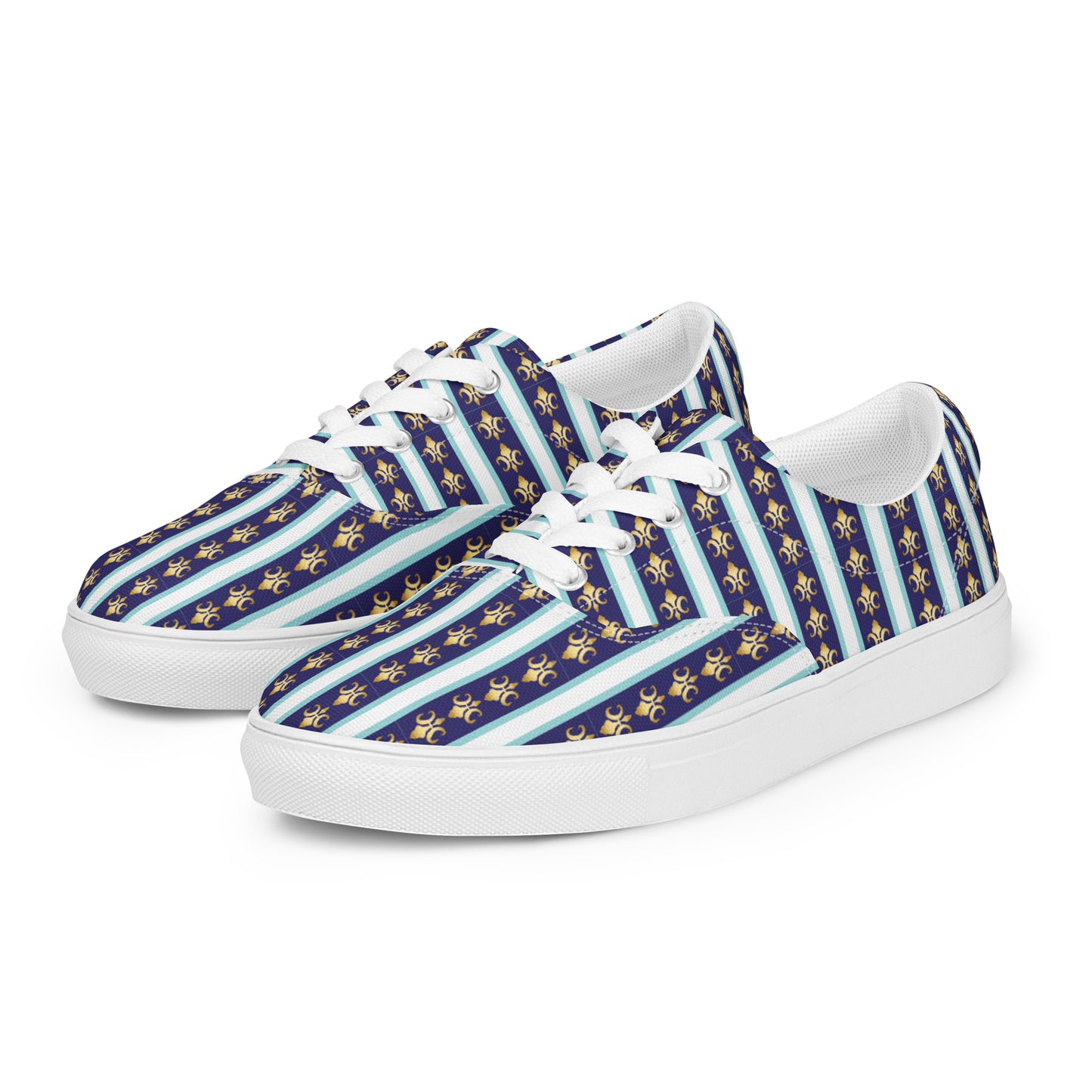 Women’s lace-up canvas shoes Kukloso FS No 58 Gold Fleur de lys - Navy Stripes on White - Free Shipping