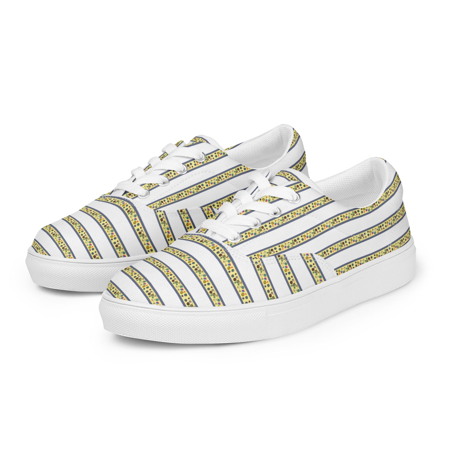 Women’s lace-up canvas shoes Kukloso FS No 104 Yellow Stripes on White - Free Shipping