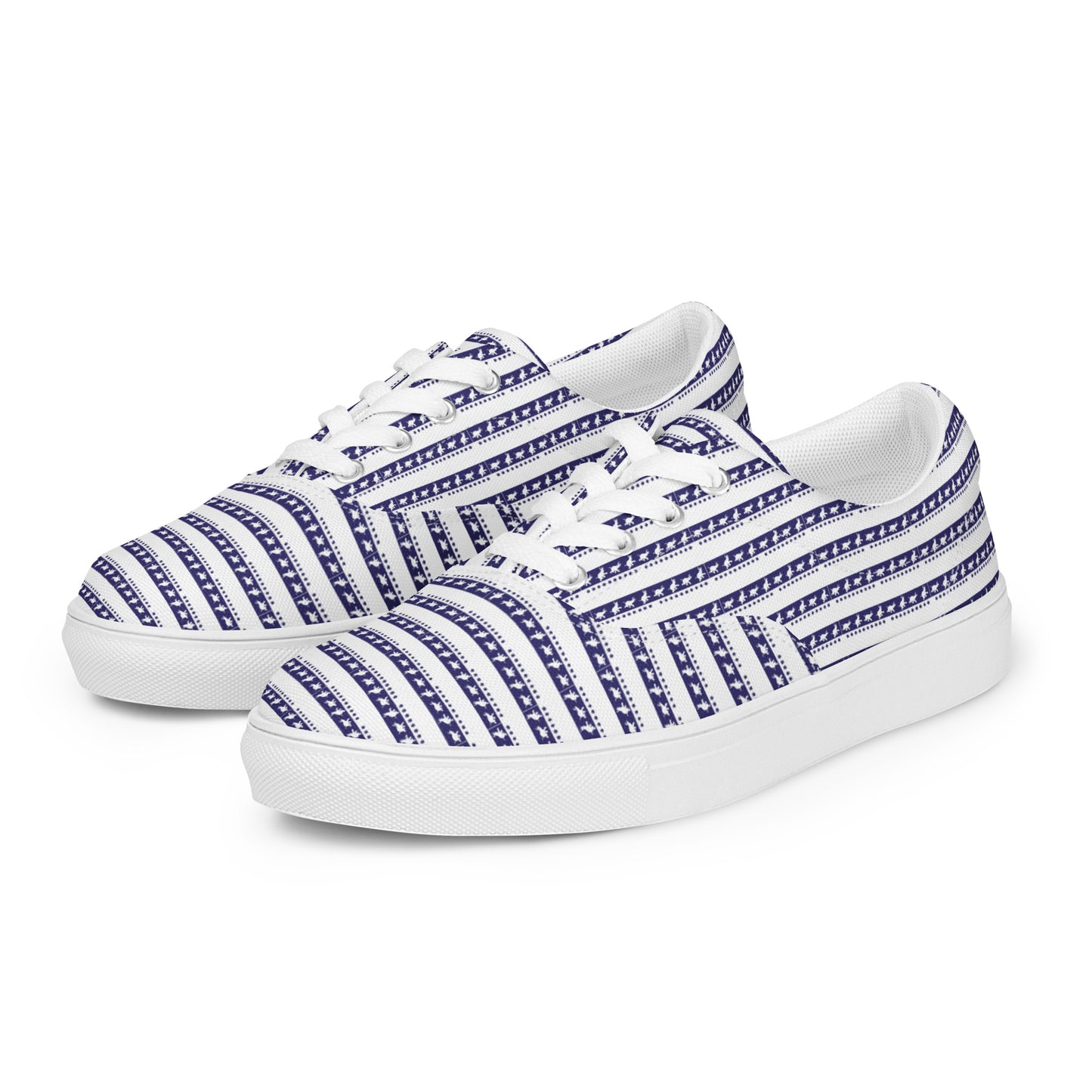 Women’s lace-up canvas shoes Kukloso Happy Ganesh (elephant ) Blue Stripes on White - Free Shipping