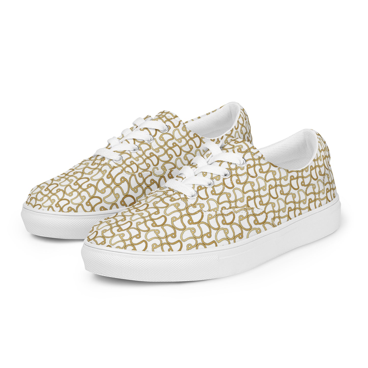 Women’s lace-up canvas shoes Kukloso Fleurons No 16 Gold Shapes on White - Free Shipping