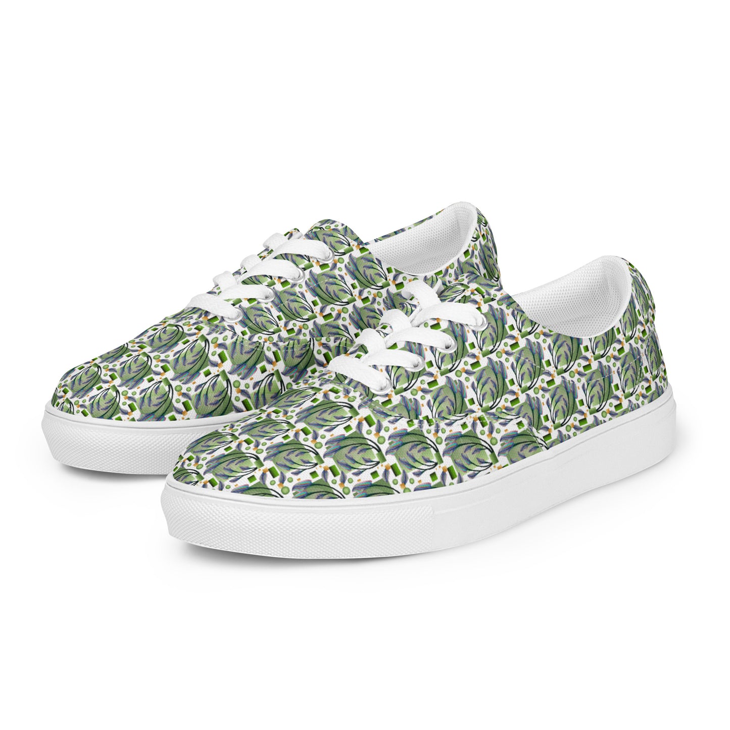 Women’s lace-up canvas shoes Kukloso Melange de fleur No 46 Green on White - Free Shipping