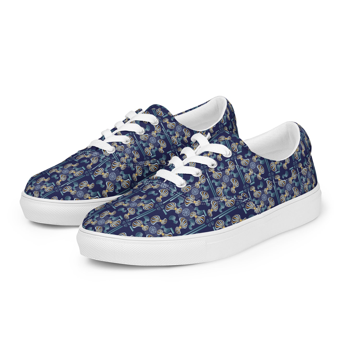 Women’s lace-up canvas shoes Kukloso Whimsical No 97 Aqua/Gold Spirials on Navy - Free Shipping