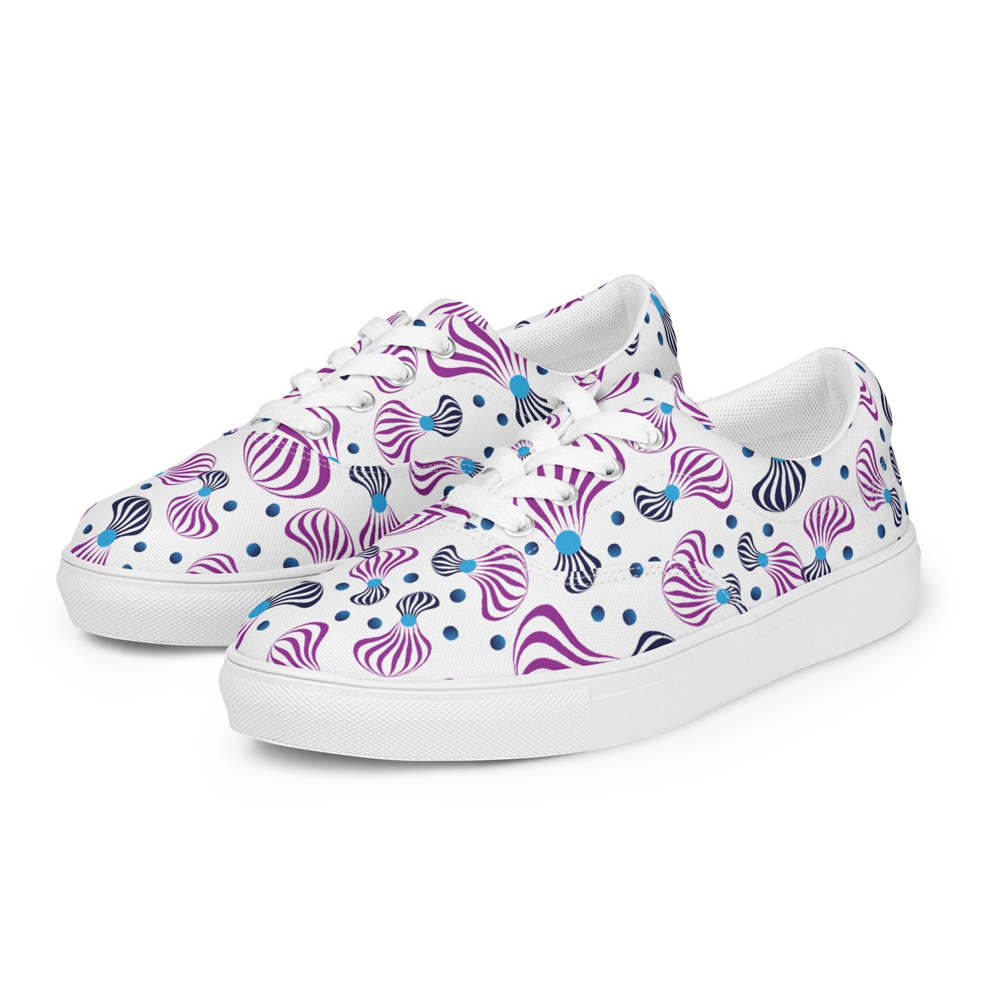 Women’s lace-up canvas shoes Kukloso Whimsical No 95 Purple/Aqua/Navy Spirials on White - Free Shipping