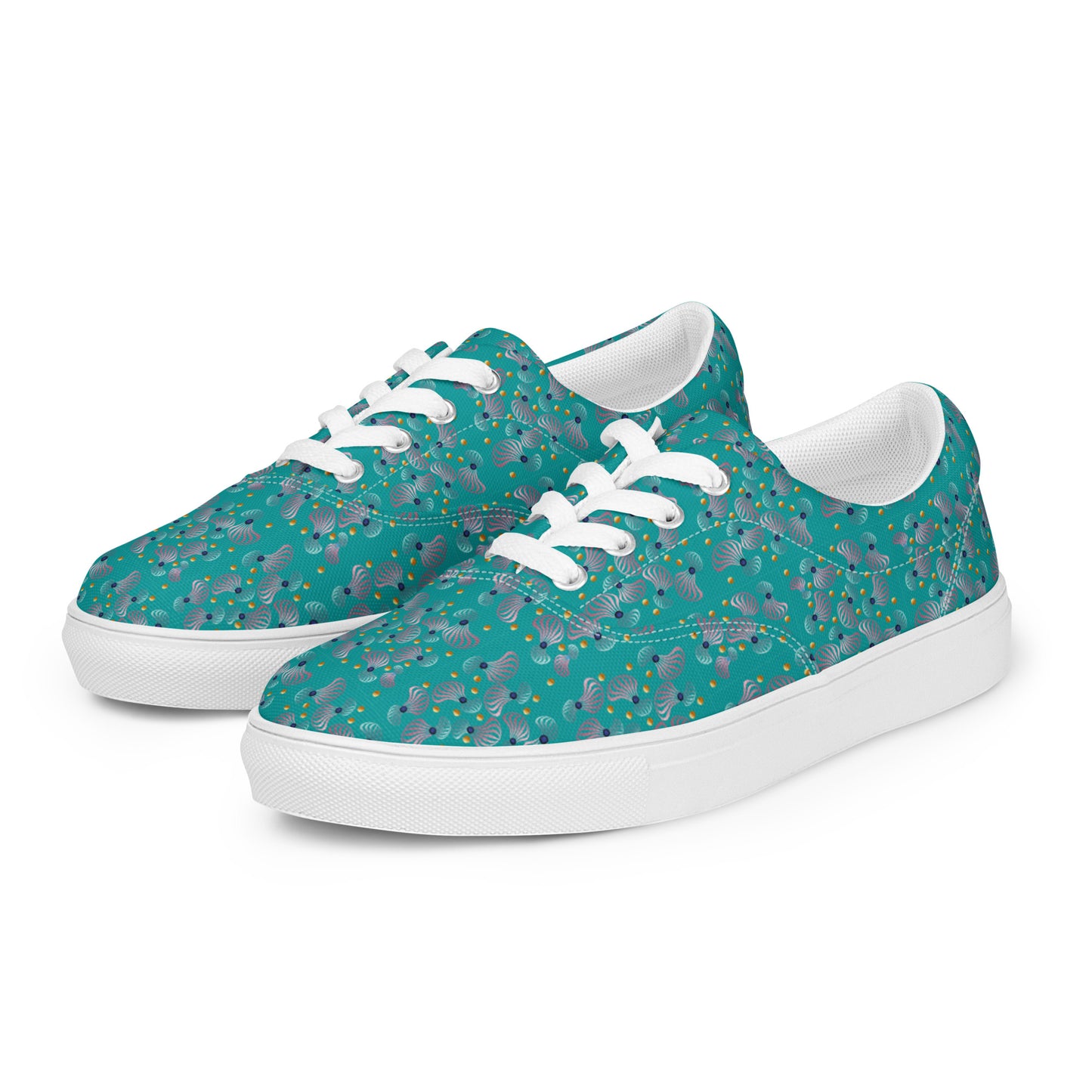 Women’s lace-up canvas shoes Kukloso Whimsical No 83 Pink/Aqua/Navy Spirials on Turquoise - Free Shipping