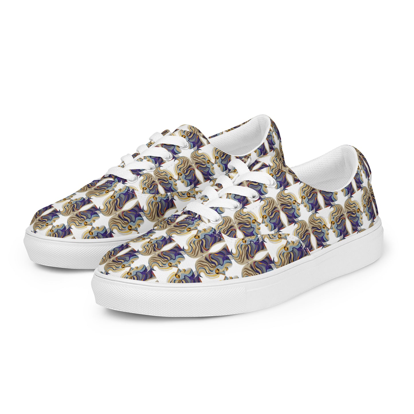 Women’s lace-up canvas shoes Kukloso Cubist Faces No 1 Small Pattern on White- Free Shipping