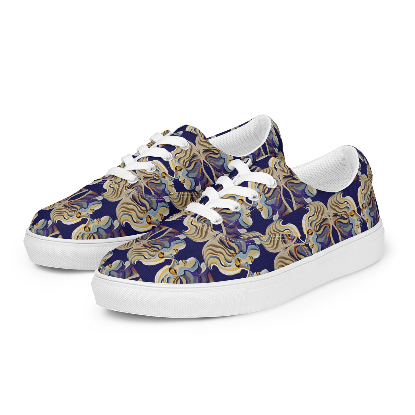 Women’s lace-up canvas shoes Kukloso Cubist Faces No 1 Large Pattern on Navy- Free Shipping