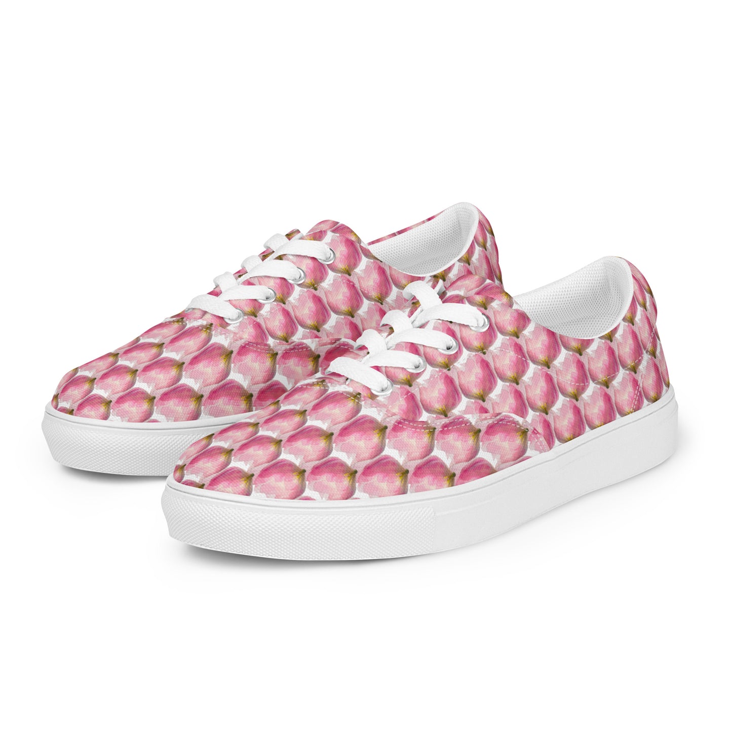 Women’s lace-up canvas shoes Kukloso Les tulipes Pink on White - Free Shipping